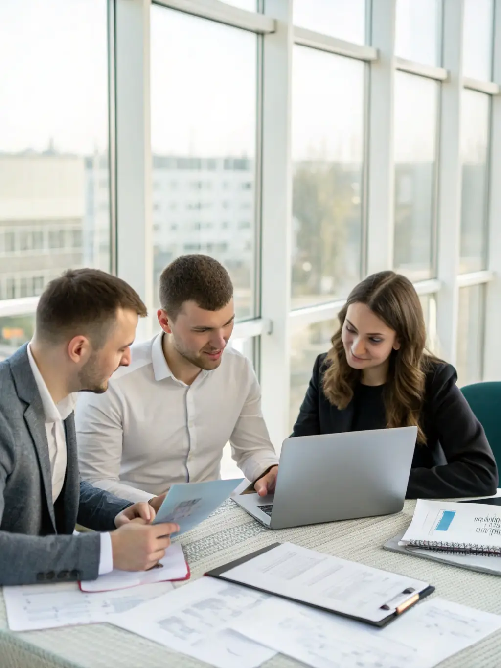 An image of a business owner working with a consultant over a detailed transition plan on a laptop, symbolizing Equity Shift Advisors' Transition Planning service.