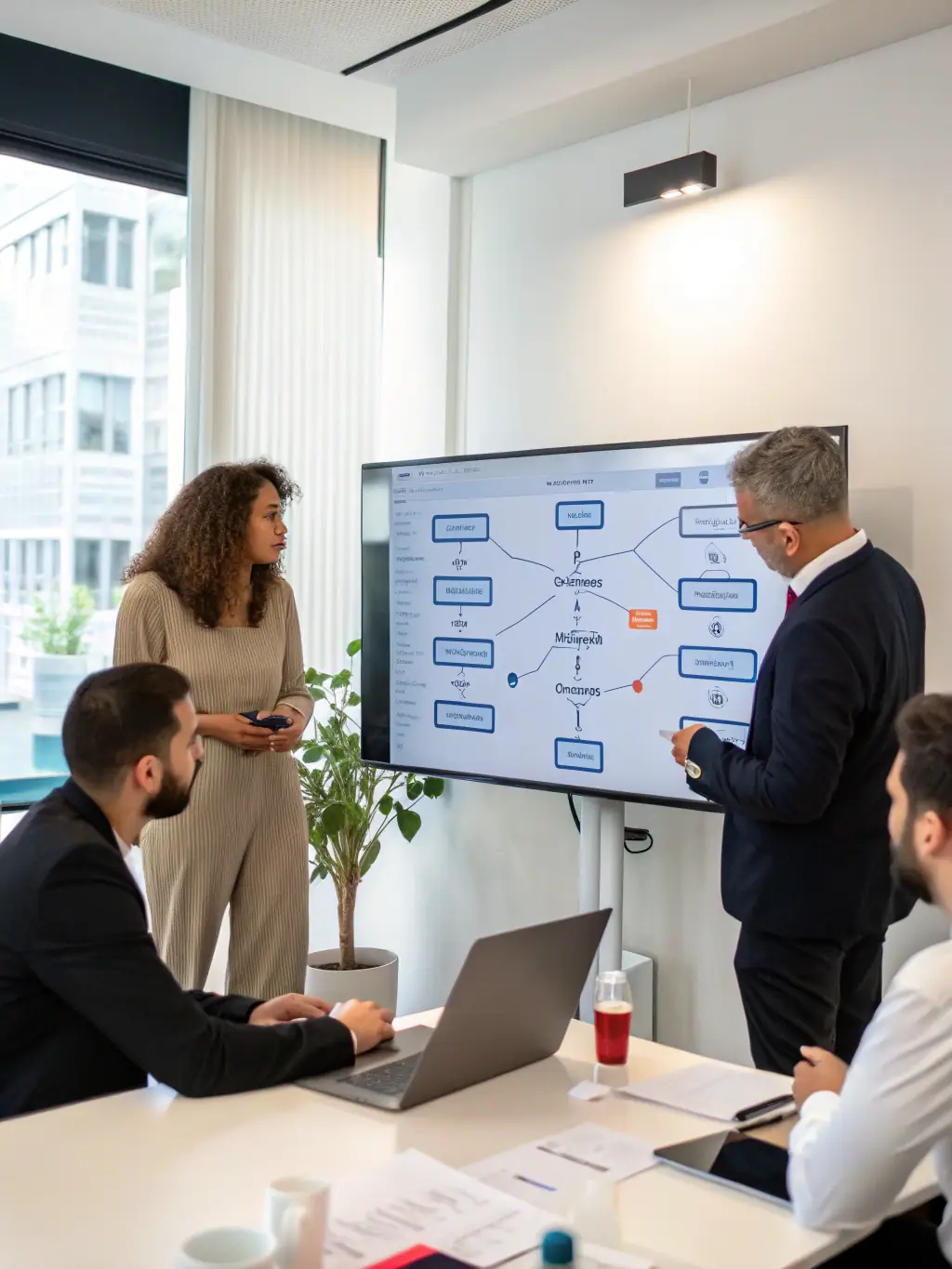 A team of professionals analyzing workflow charts and operational data on a digital screen, illustrating Equity Shift Advisors' Operational Management services.