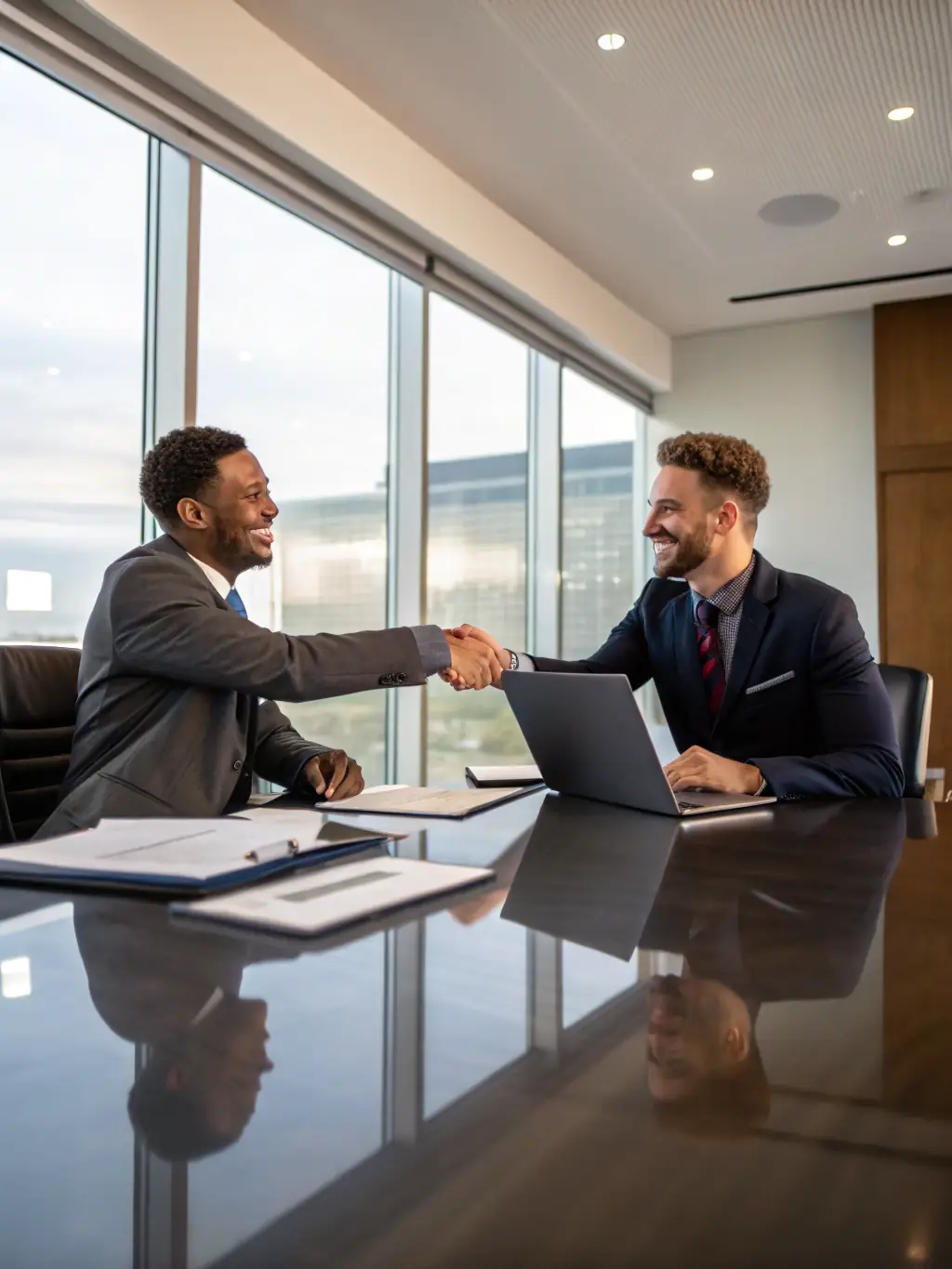 A handshake between two business professionals over a conference table, symbolizing successful M&A negotiations, representing Equity Shift Advisors' Mergers & Acquisitions Support.