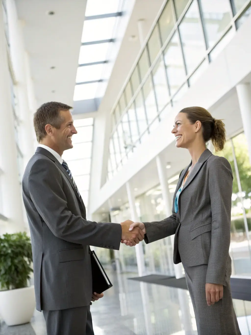 Two professionals shaking hands after a successful merger and acquisition deal, symbolizing equitable outcomes facilitated by Equity Shift Advisors.