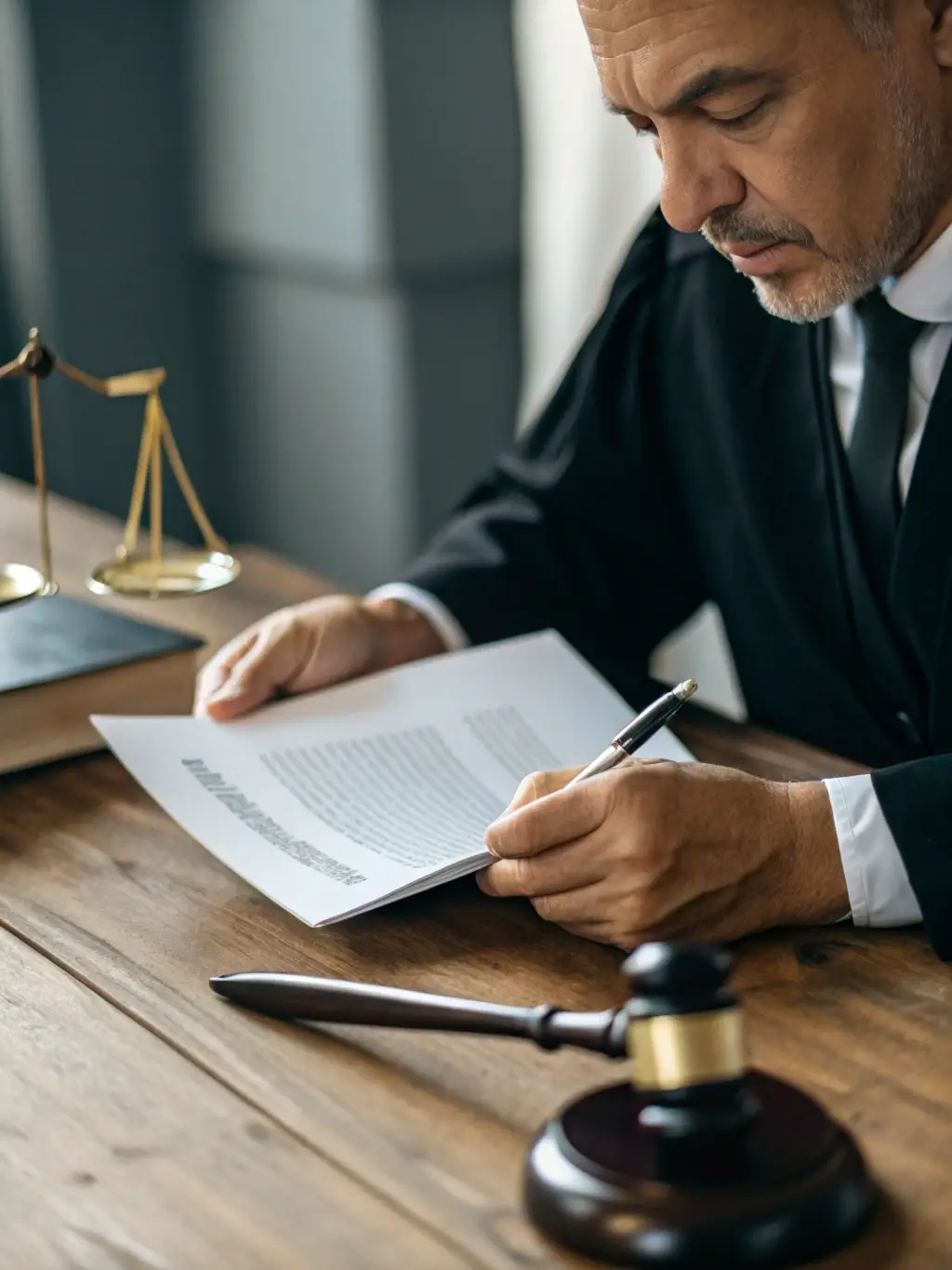 A close-up shot of legal documents being reviewed by an attorney in a well-lit office, emphasizing precision and attention to detail.