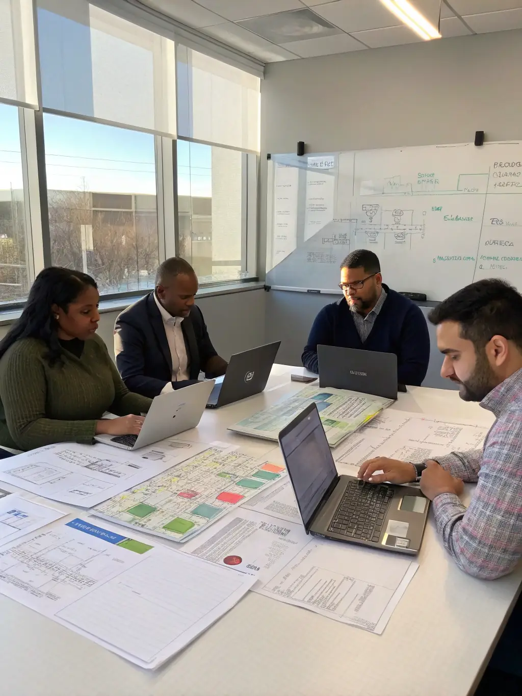 A diverse group of professionals collaborating on a business strategy in a modern office, symbolizing teamwork and innovative solutions.