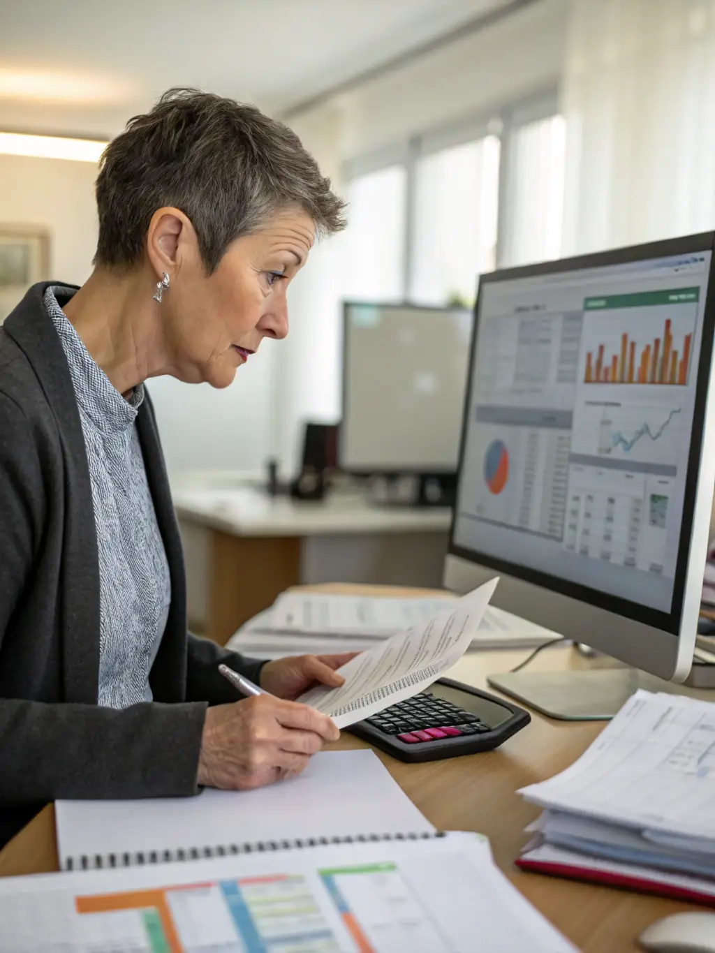 A CPA analyzing financial statements with a calculator and spreadsheet in view, highlighting financial acumen and strategic planning.