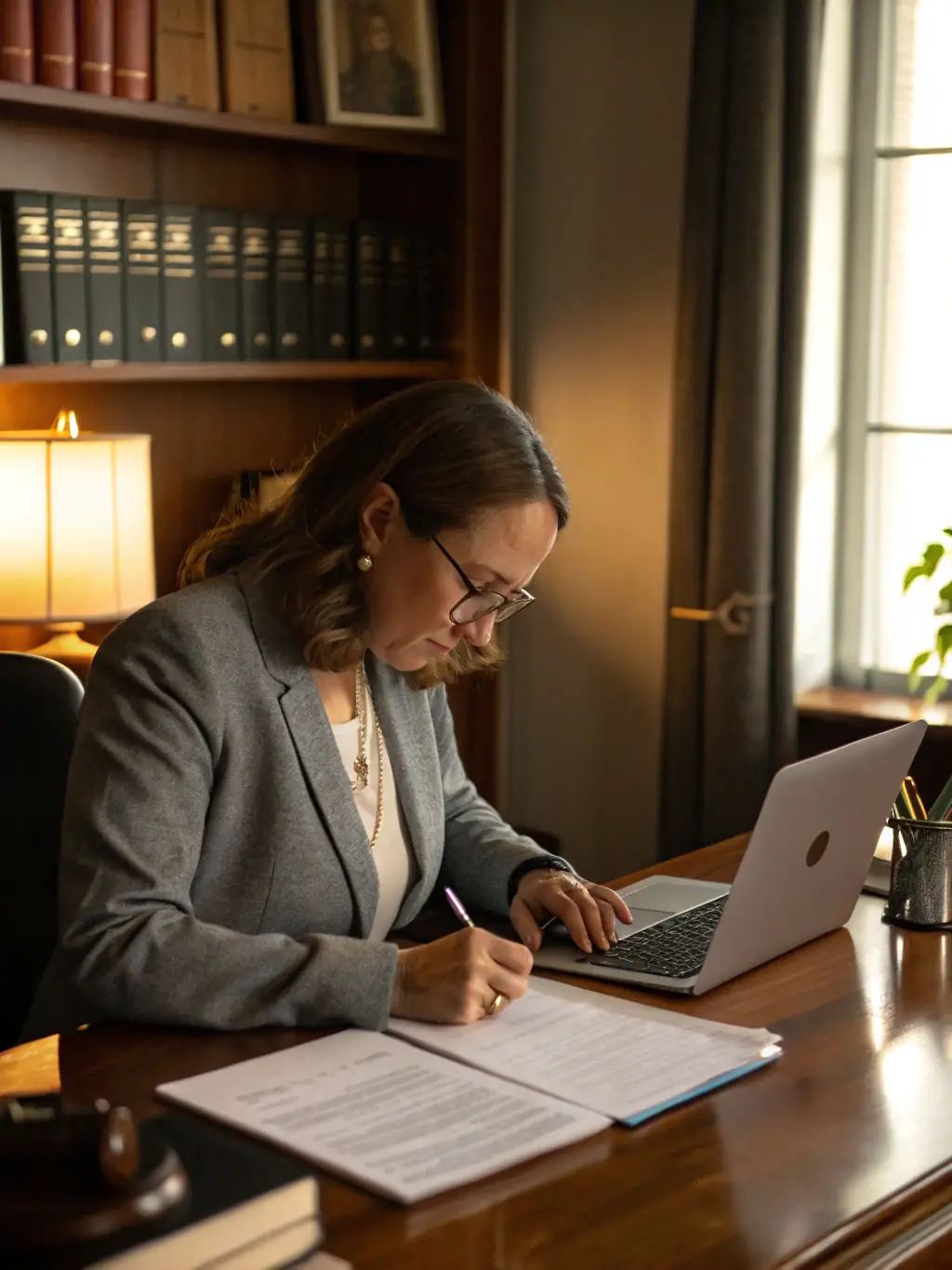 A professional attorney reviewing documents in a well-lit office, symbolizing the support Equity Shift Advisors provides to legal professionals.