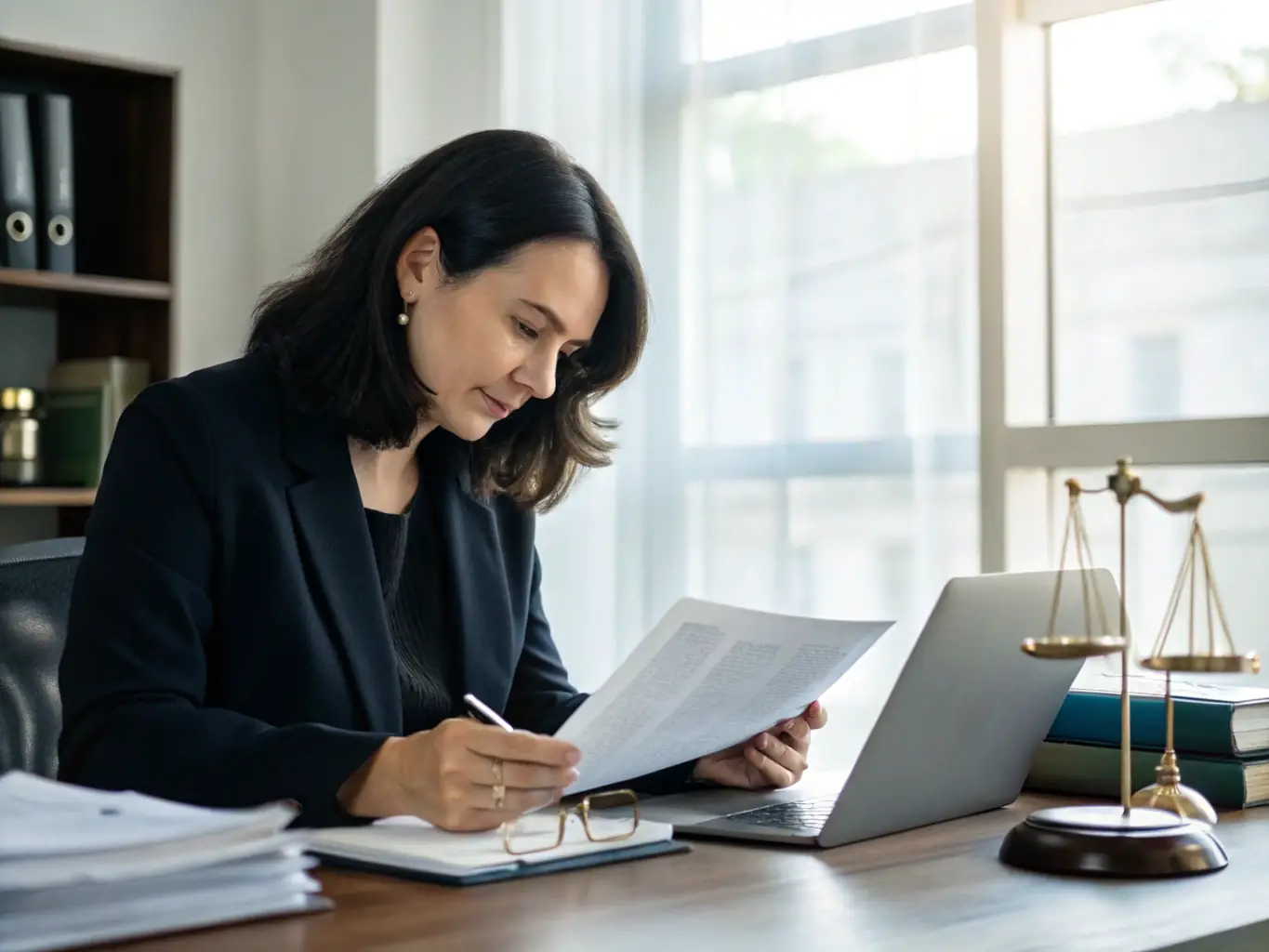 A professional attorney reviewing documents in a well-lit office, symbolizing legal expertise and attention to detail in business transitions.