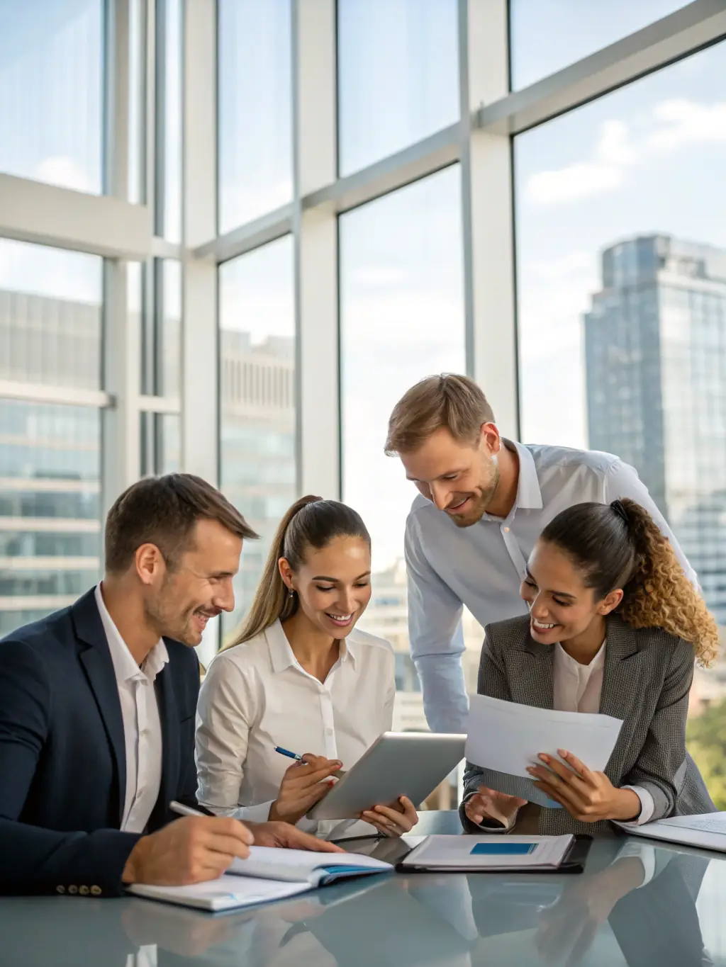 A diverse team of consultants collaborating on a business transition plan, showcasing the expertise and personalized service of Equity Shift Advisors.