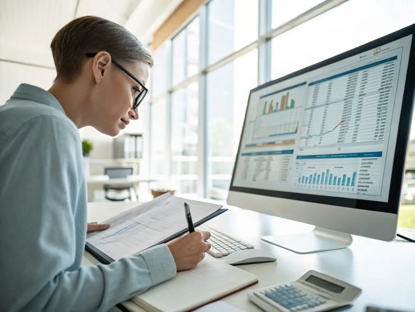 A CPA analyzing financial statements with a calculator and spreadsheet, representing financial acumen and strategic planning for business exits.