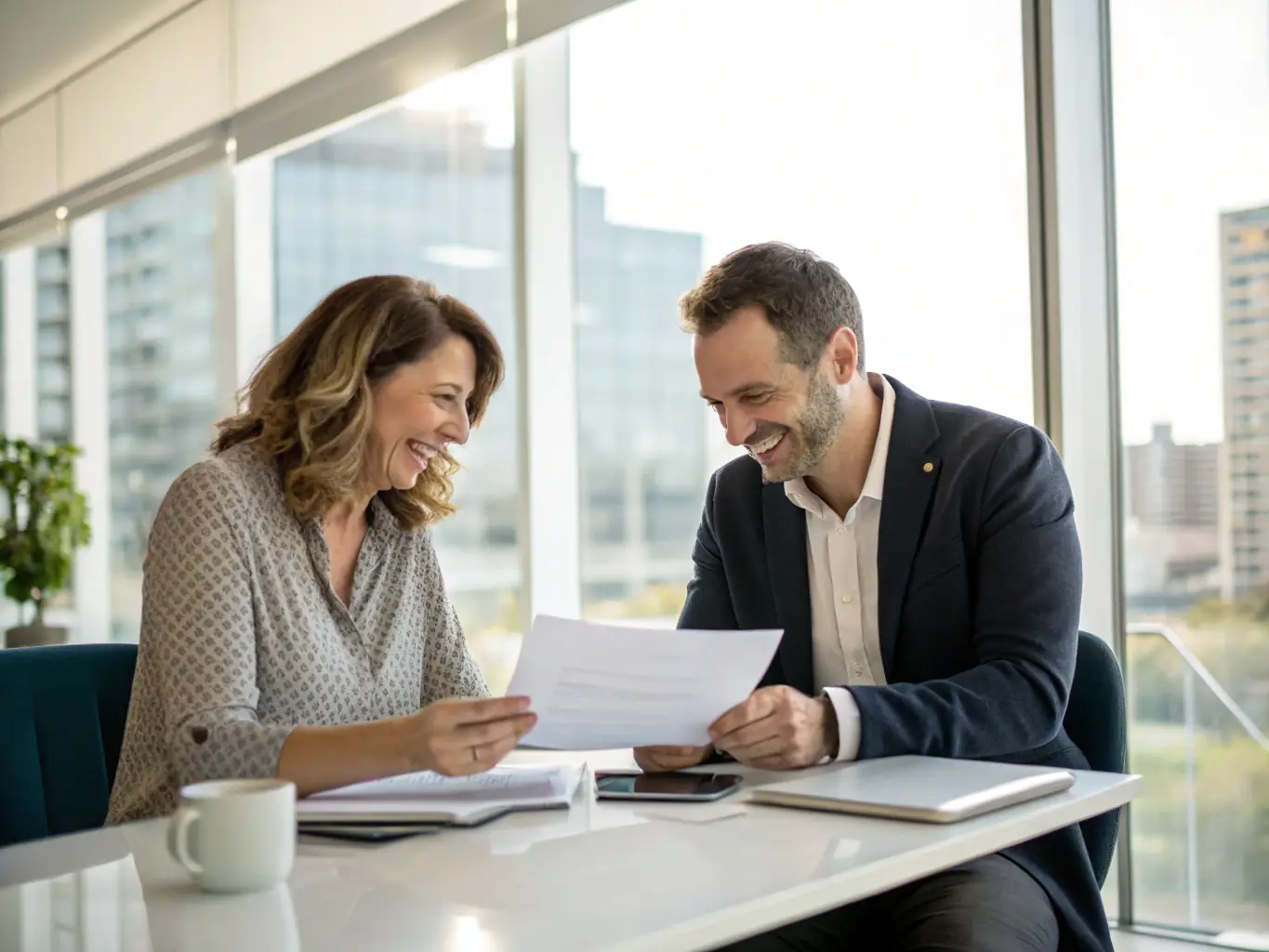 An image of a professional consultant discussing documents with a client in a modern office setting, symbolizing trust and clarity.