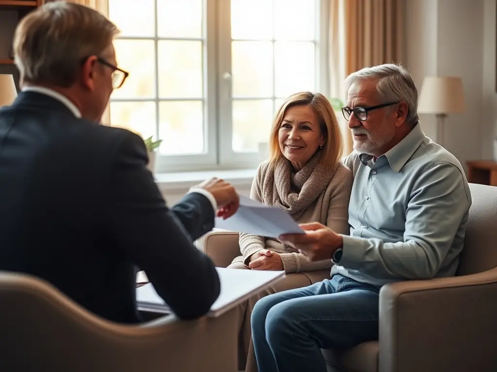 A financial planner meeting with clients to discuss retirement and investment strategies, highlighting the importance of long-term financial planning.