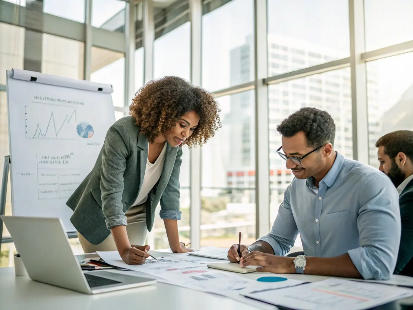 An image depicting a diverse group of professionals collaborating on a financial strategy in a bright, modern office, emphasizing teamwork and expertise.